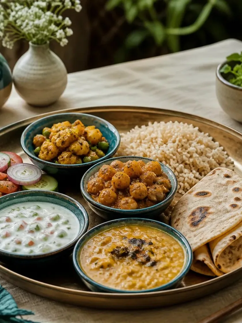 A South Asian thali — dal, chana, raita, salad, brown rice and roti