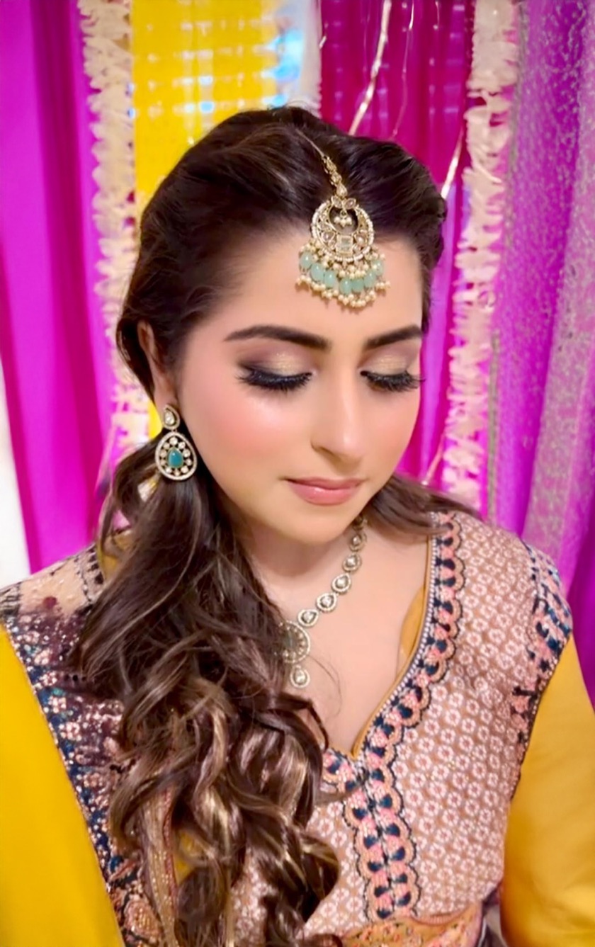 Mehndi day glam with turquoise jewelry by Makeup by Nidari, Houston