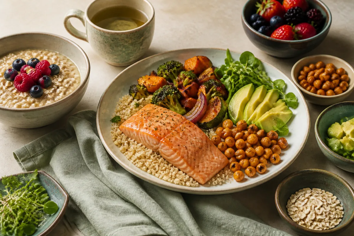 Gluten-free table with salmon, quinoa, chickpeas, roasted vegetables, avocado, berries and oats.