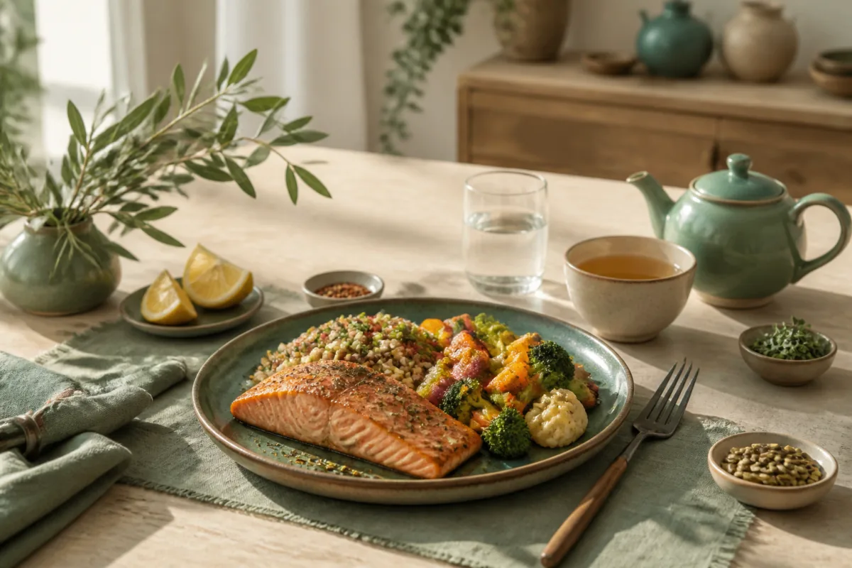 Intermittent-fasting hero with a balanced salmon, grain and vegetable meal beside water and herbal tea.