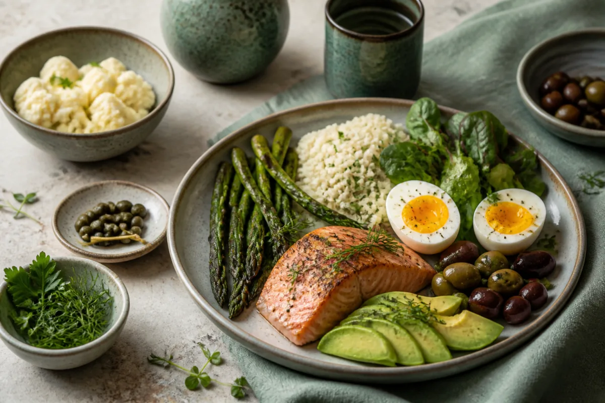 Ketogenic table with salmon, eggs, avocado, cauliflower, asparagus, olives and leafy greens.
