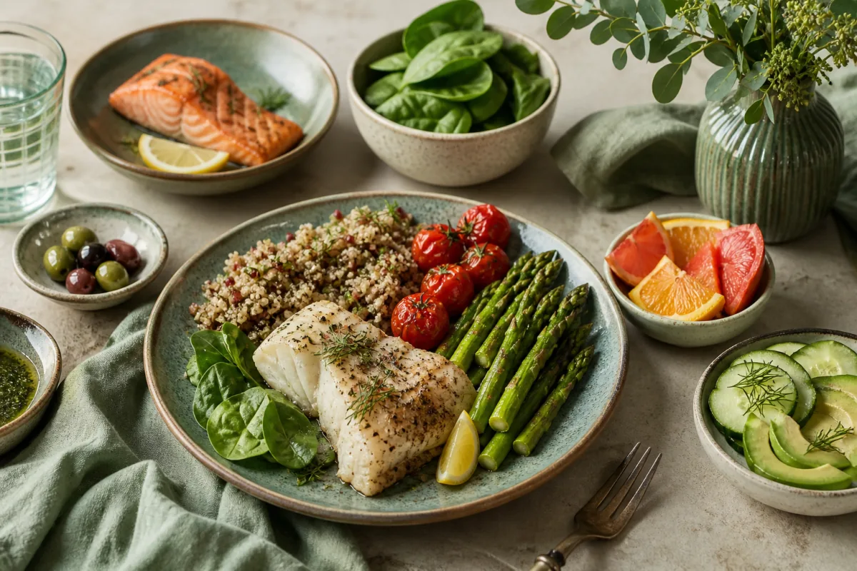 Pescatarian table with roasted cod, salmon, quinoa, asparagus, tomatoes, spinach and avocado.