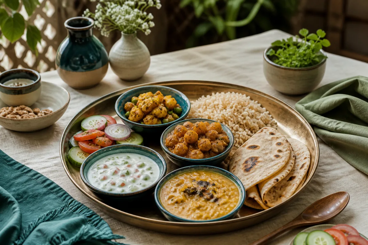 South Asian thali with lentil dal, chickpeas, vegetable sabzi, brown rice, roti, raita and salad.