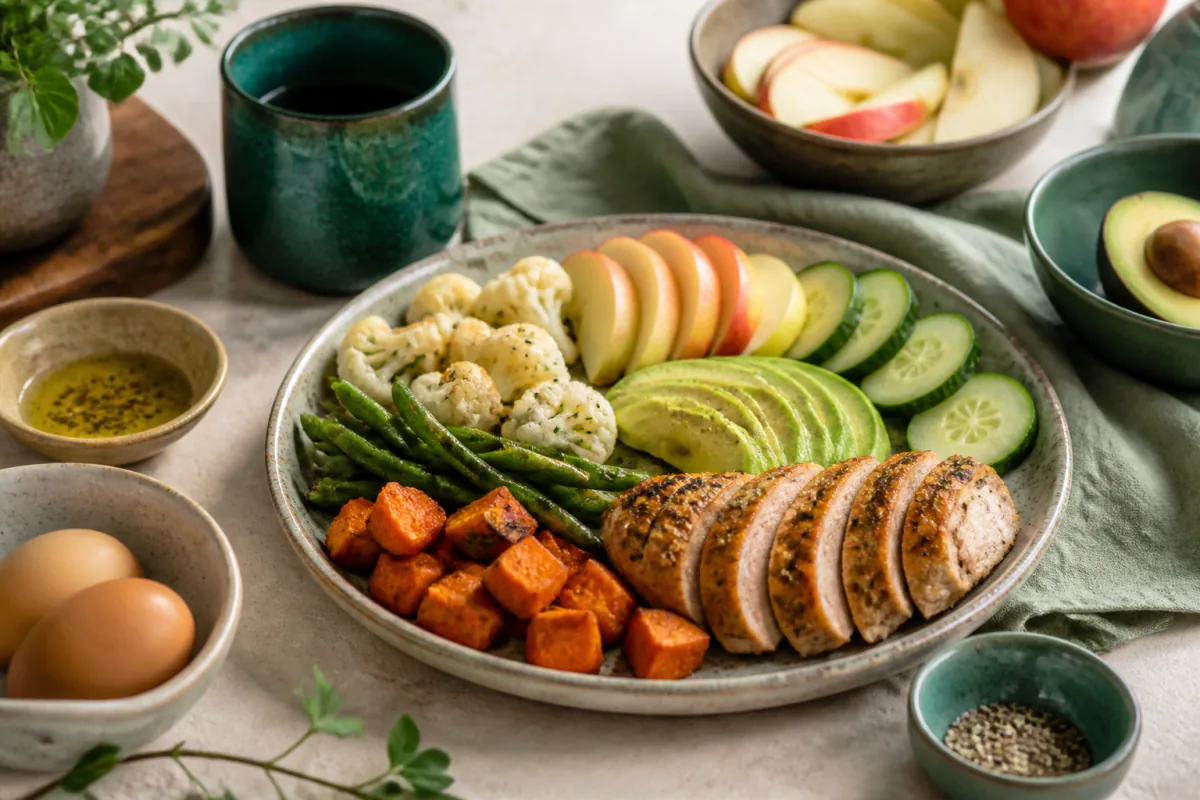 Whole30 table with herb chicken, sweet potato, green beans, cauliflower, avocado, cucumber, apples and eggs.