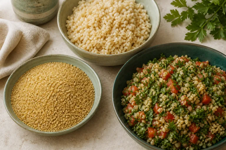 Bulgur wheat shown dry, cooked, and in parsley and tomato tabbouleh.