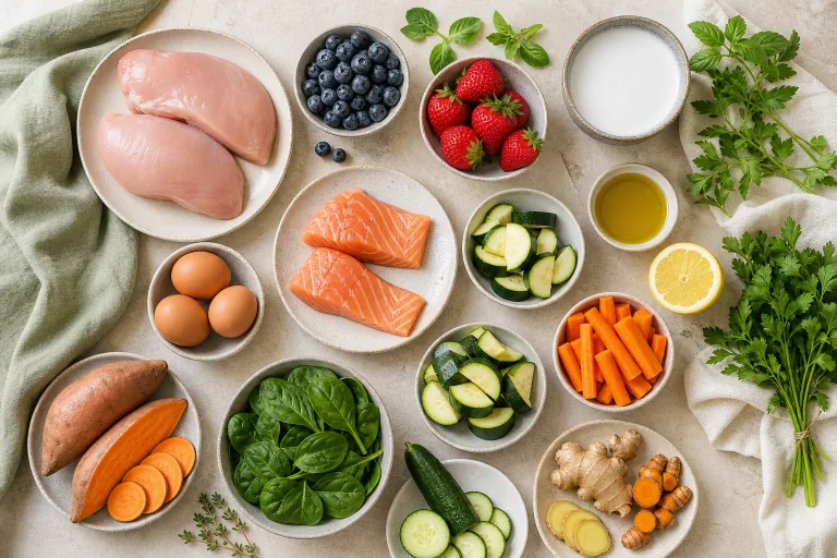 Elimination-diet ingredients including chicken, salmon, eggs, sweet potato, zucchini, carrots, spinach, berries, ginger and turmeric.