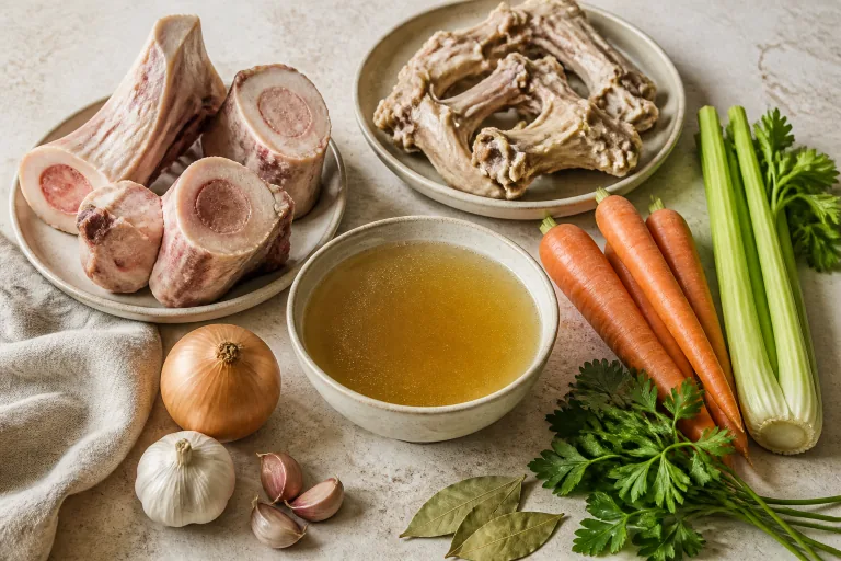 Editorial image showing gaps broth bones vegetables herbs.