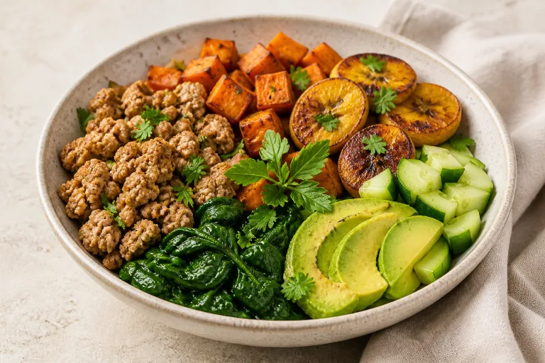 Editorial image showing aip plantain turkey breakfast bowl.