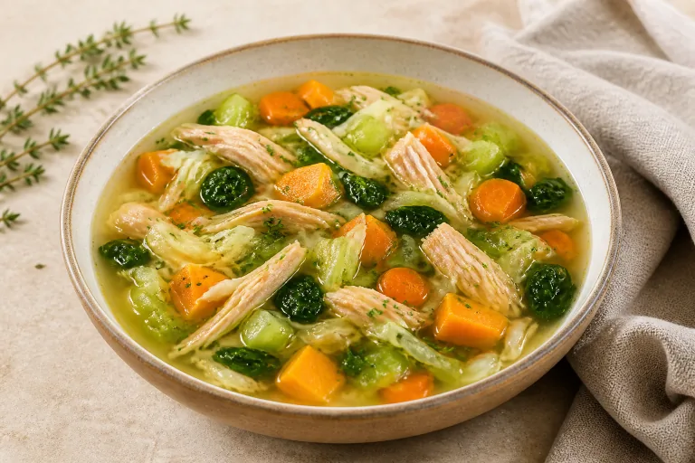Editorial image showing aip turkey cabbage sweet potato soup.