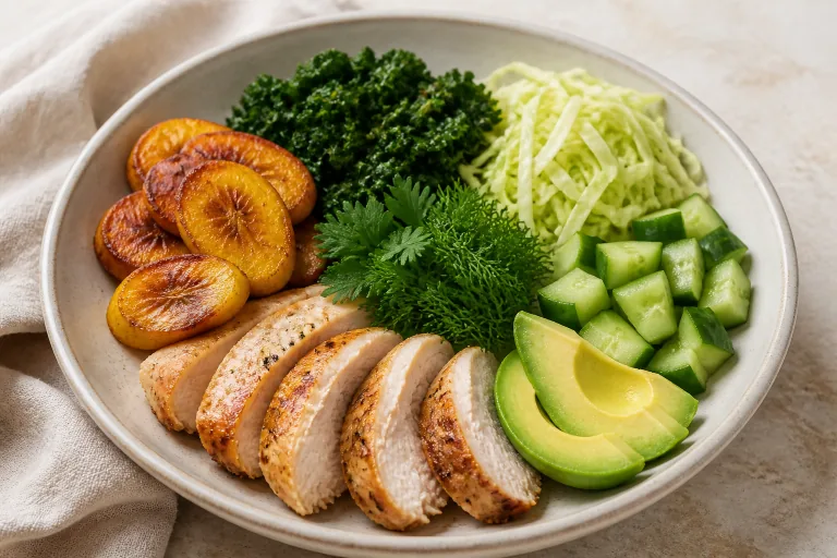 Editorial image showing aip turkey plantain greens bowl.