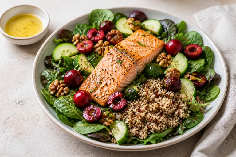 Editorial image showing anti inflammatory salmon cherry walnut greens salad.