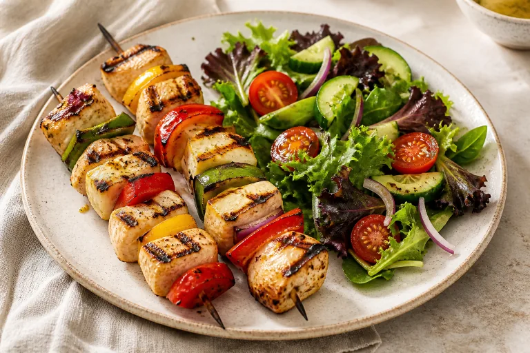 Editorial image showing atkins halloumi chicken pepper skewers.