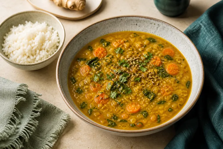 Ayurvedic-inspired red lentil, carrot, ginger, spice, and leafy-green soup with rice.
