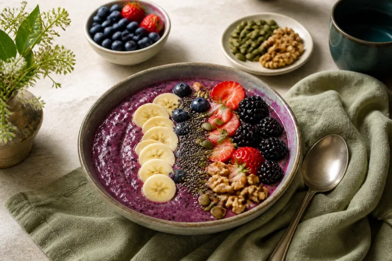 Berry smoothie bowl with banana, chia, pumpkin seeds, walnuts and fresh fruit.