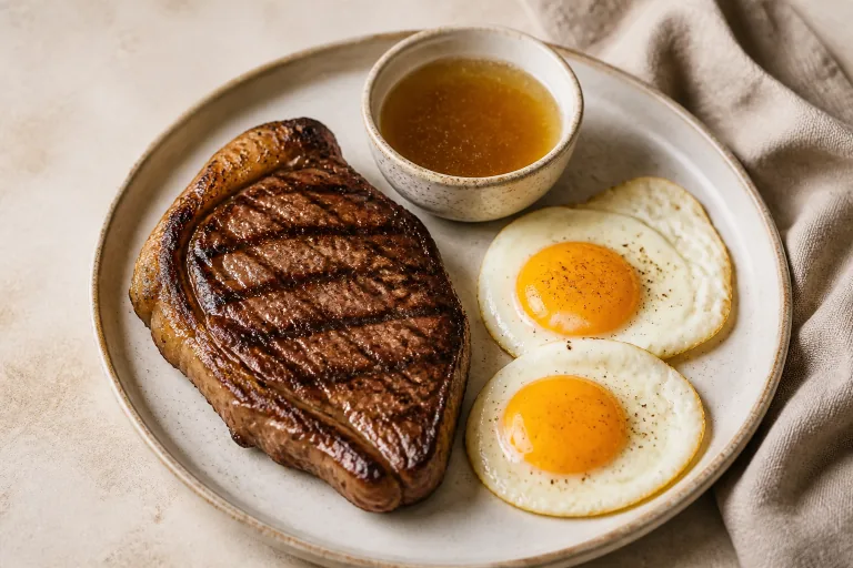 Editorial image showing carnivore steak eggs bone broth.