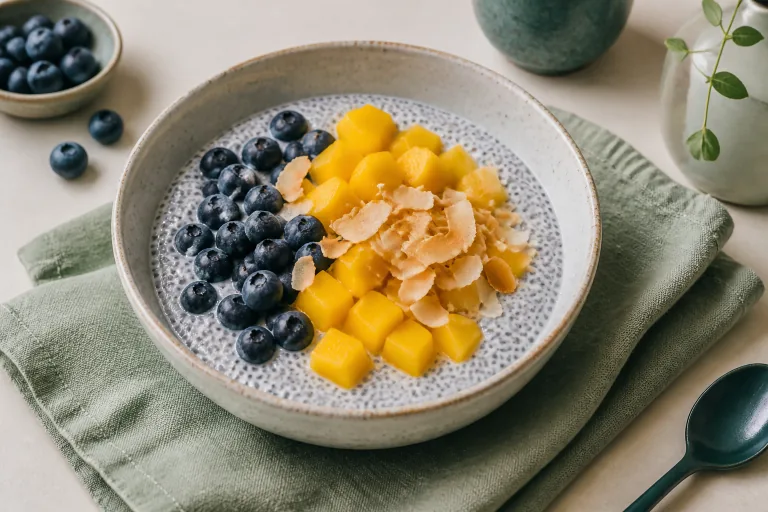 Chia pudding with blueberries, mango and toasted coconut in a ceramic bowl.