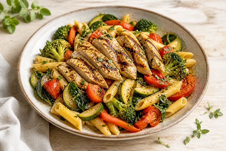 Editorial image showing diabetes chickpea pasta chicken primavera.