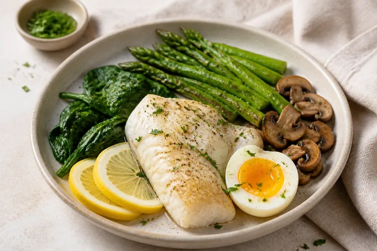 Editorial image showing dukan cod asparagus egg plate.
