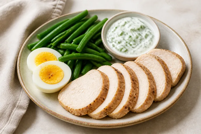 Editorial image showing dukan turkey yogurt cucumber plate.