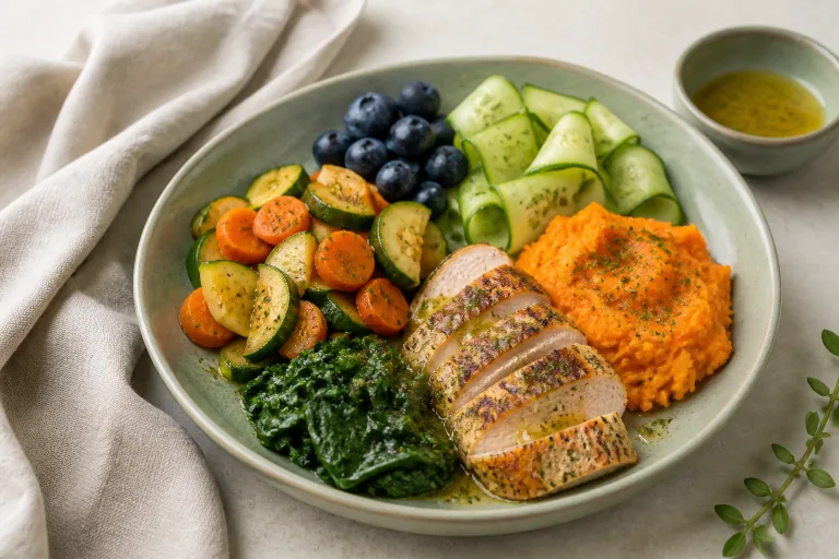 Gentle elimination-style meal with herb chicken, mashed sweet potato, zucchini, carrots, spinach, cucumber and blueberries.