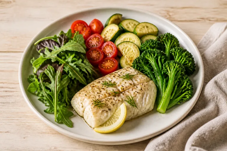 Editorial image showing fast52 white fish broccoli tomato light.