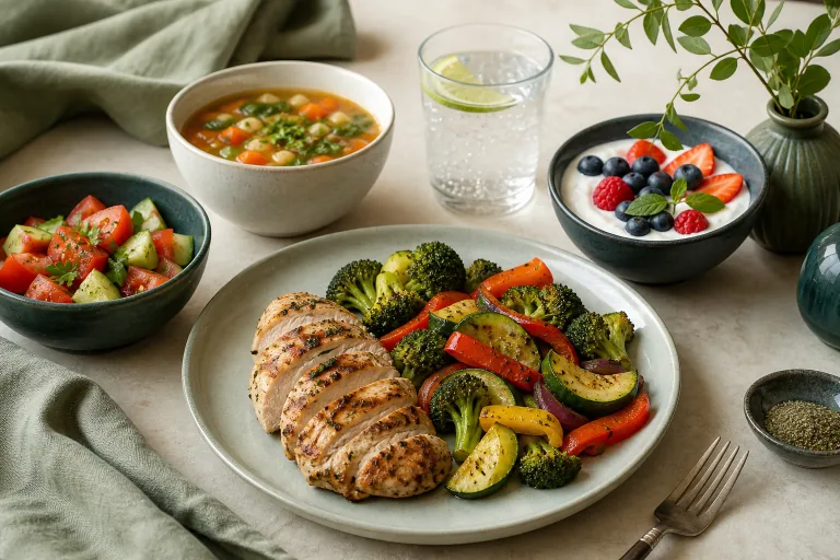 Light-day 5:2 meal with grilled chicken, roasted vegetables, tomato-cucumber salad, vegetable soup, yogurt, berries and sparkling water.