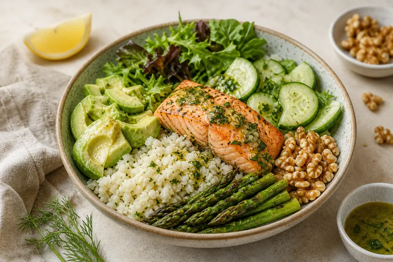Editorial image showing galveston salmon avocado cauliflower rice bowl.
