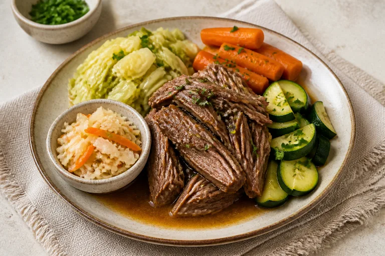Editorial image showing gaps braised beef vegetable plate.