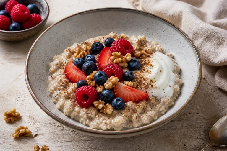 Editorial image showing glycemic index steel cut oat berry breakfast.