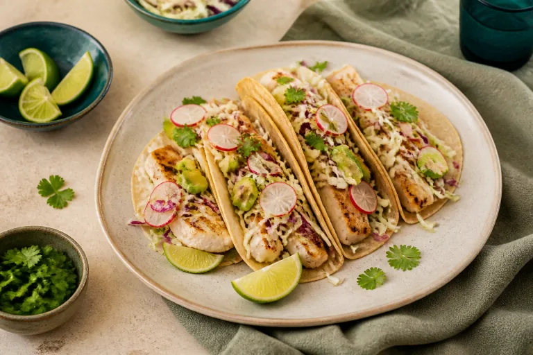 Grilled white fish tacos with cabbage slaw, avocado, radish and lime.