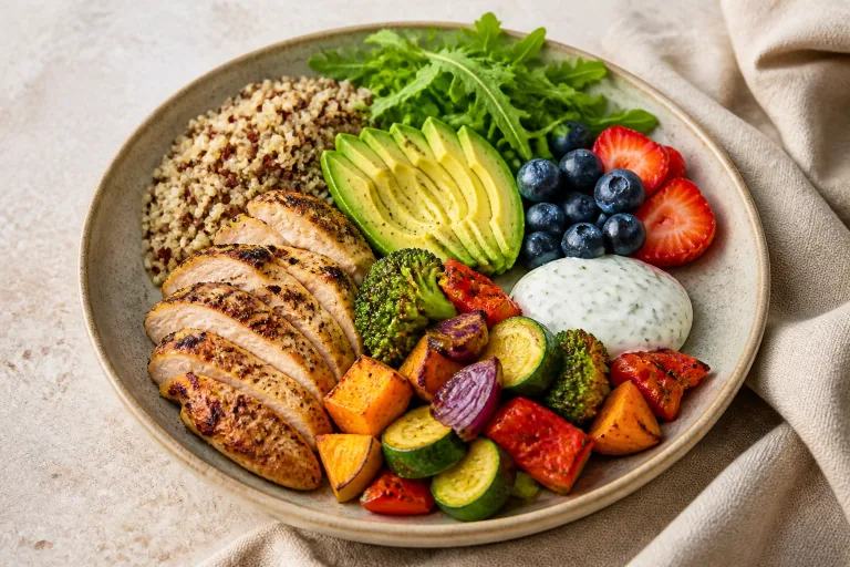 Editorial image showing if168 balanced chicken quinoa first bowl.