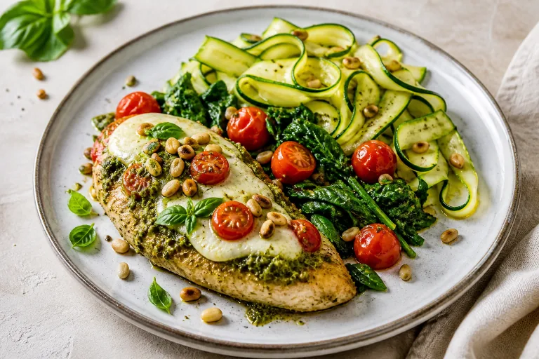 Editorial image showing keto chicken pesto zucchini bake.