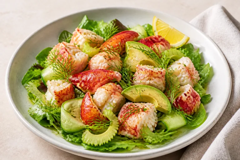 Editorial image showing keto lobster avocado cucumber salad.
