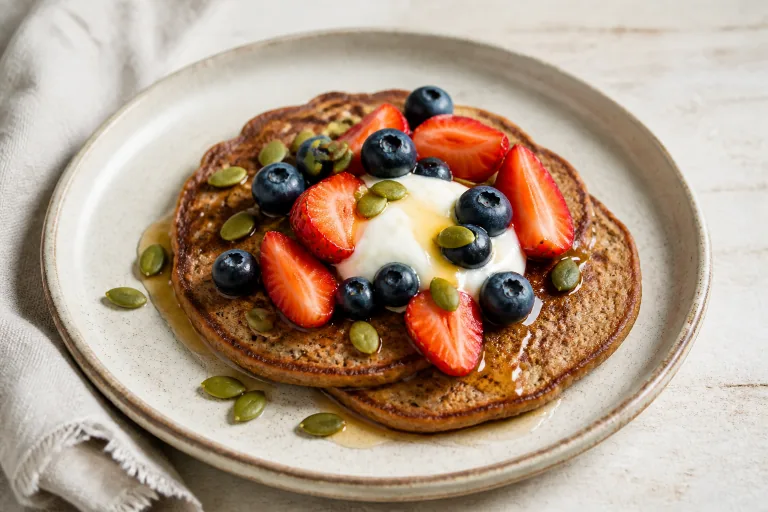 Editorial image showing low fodmap buckwheat blueberry pancakes.