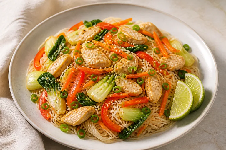 Editorial image showing low fodmap chicken rice noodle stir fry.