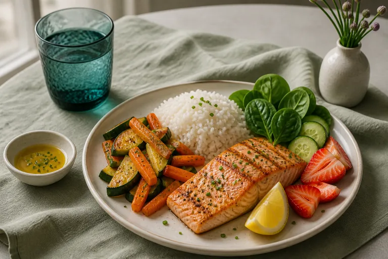 Low-FODMAP plate with grilled salmon, rice, zucchini, carrots, spinach, cucumber, strawberries, lemon and chives.