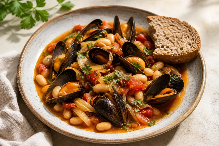Editorial image showing mediterranean mussel tomato herb stew.