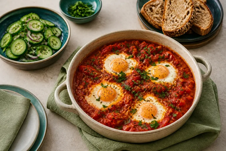 Shakshuka with eggs, tomatoes, peppers, herbs, cucumber salad and whole-grain bread.
