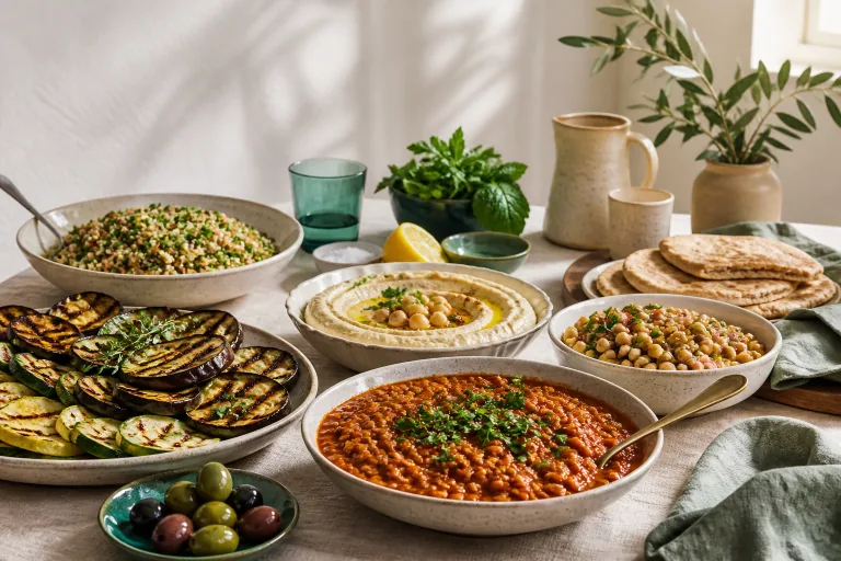 Mediterranean vegetarian spread with lentil stew, grilled eggplant and zucchini, farro tabbouleh, hummus, chickpeas, olives and flatbread.