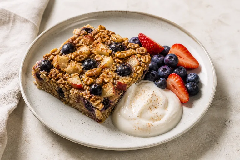 Editorial image showing mind blueberry walnut oat breakfast bake.