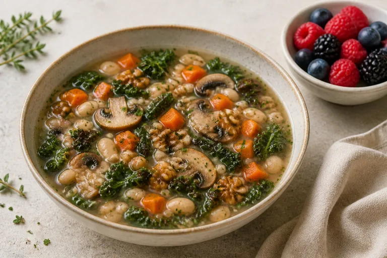 Editorial image showing mind mushroom walnut barley soup.