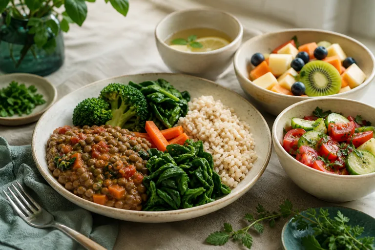 Very-low-fat Ornish-style meal with lentil stew, brown rice, broccoli, carrots, spinach, tomato-cucumber salad and fruit.