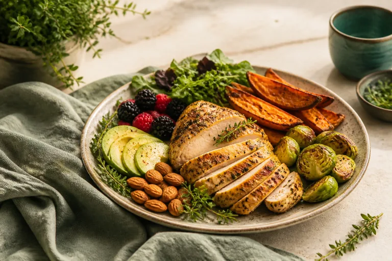 Paleo meal with herb chicken, sweet potato, Brussels sprouts, greens, avocado, berries and almonds.