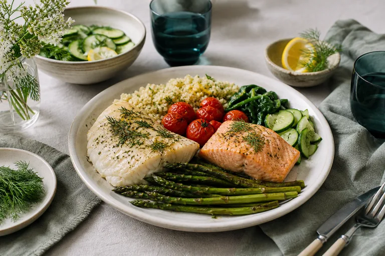 Pescatarian dinner with roasted cod, salmon, quinoa, asparagus, tomatoes, spinach, cucumber and avocado.