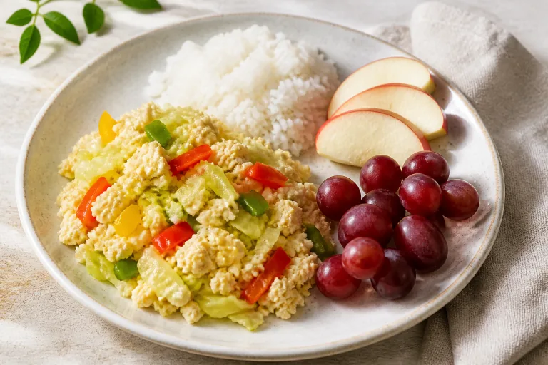 Editorial image showing renal egg white rice cabbage breakfast.
