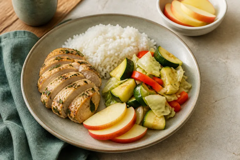 Editorial food image showing renal herb chicken rice zucchini plate.