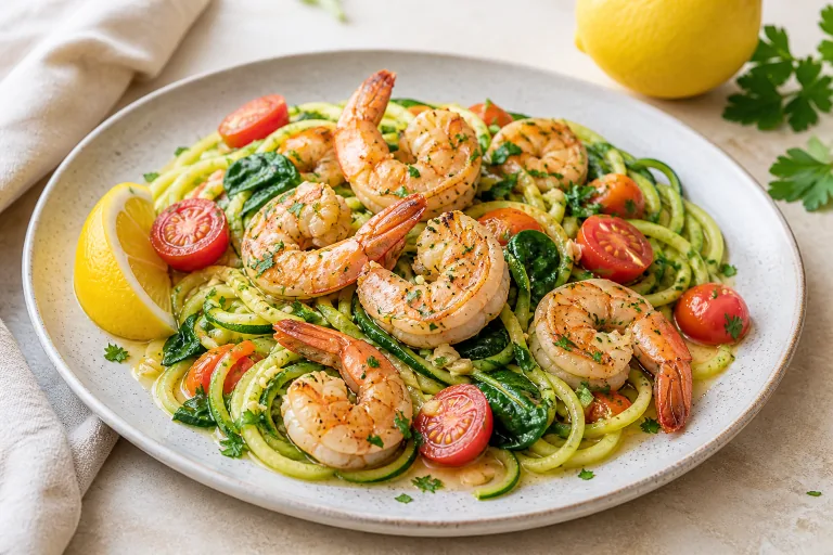 Editorial image showing south beach shrimp zucchini noodle scampi.