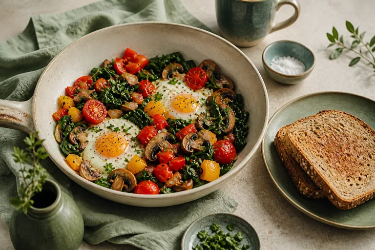 Vegetable egg skillet with spinach, tomatoes, mushrooms, peppers and whole-grain toast.