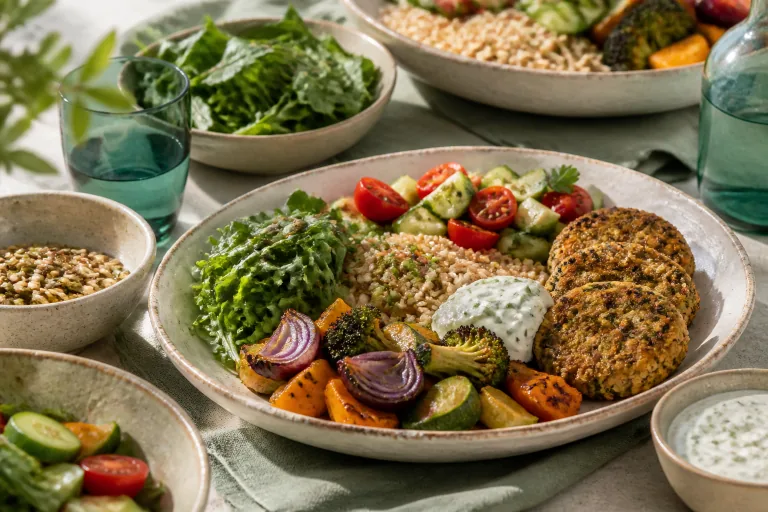 Vegetarian dinner with lentil patties, roasted vegetables, whole grains, salad, leafy greens and yogurt herb sauce.
