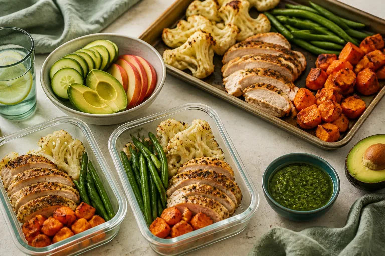 Whole30 meal-prep containers with chicken, sweet potato, green beans, cauliflower, avocado, cucumber and apple.